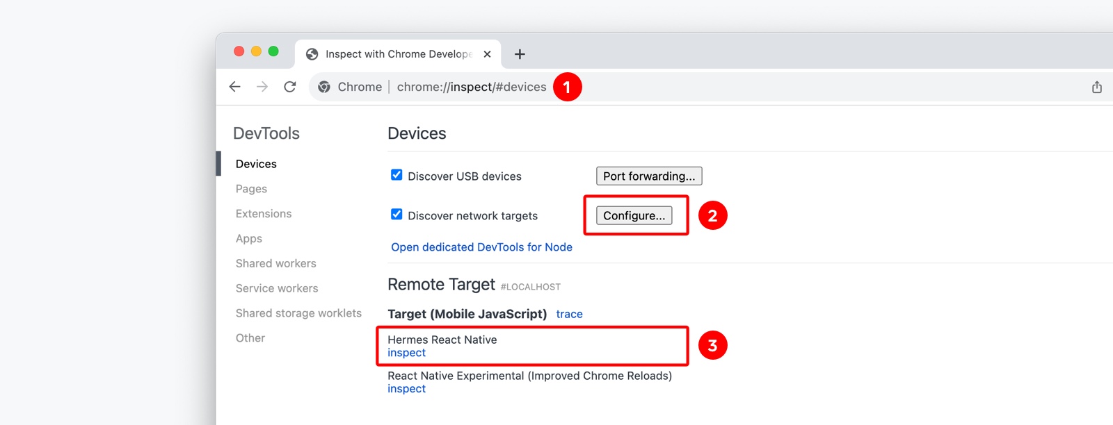 Chrome 检查界��面的概述和连接的 Hermes 调试器窗口